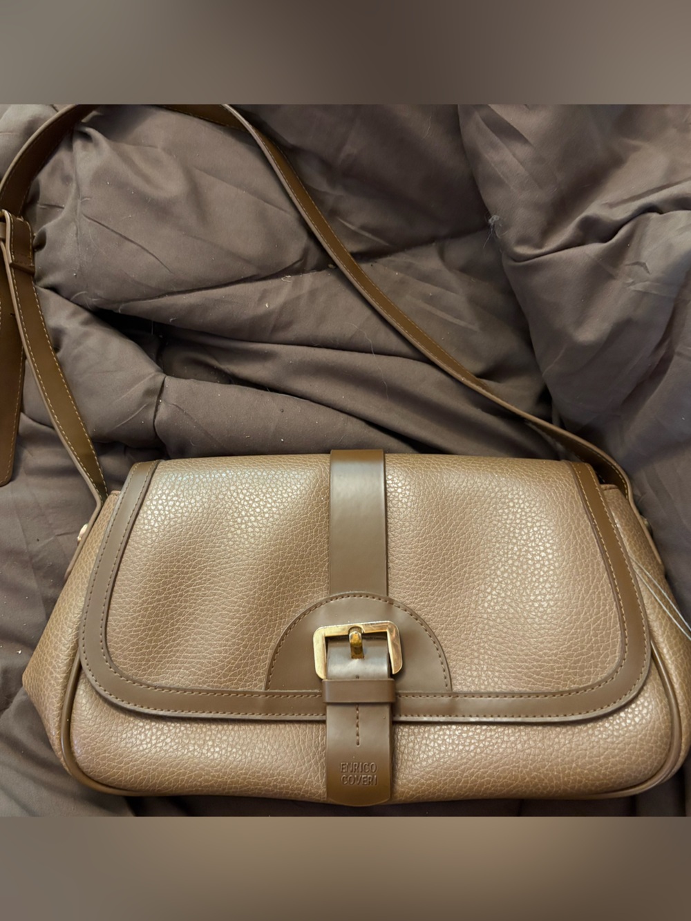 Enrico Coveri Italian Pebbled Leather Crossbody Bag with Buckle Accent.